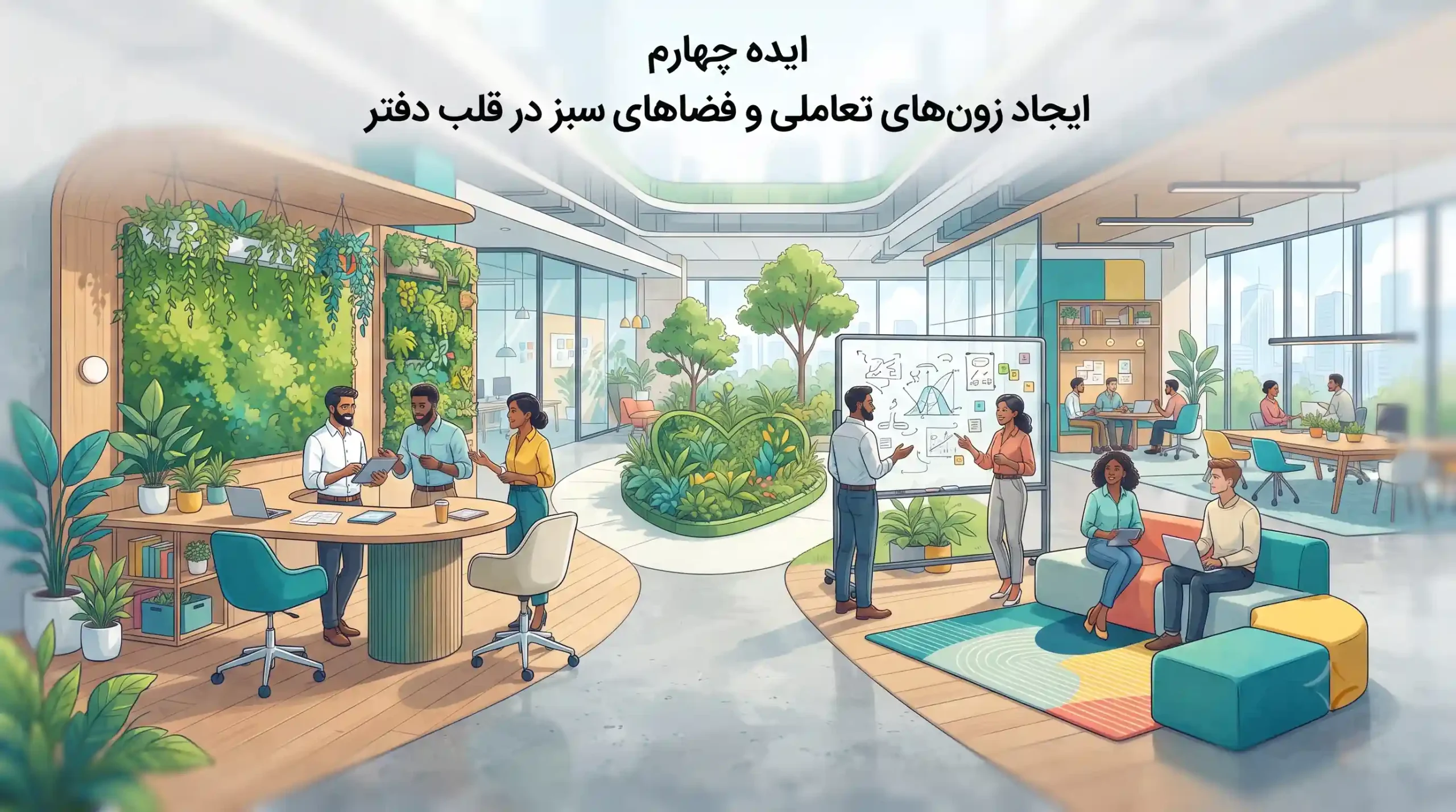 🌿 ایده چهارم ایجاد زون‌های تعاملی و فضاهای سبز در قلب دفتر