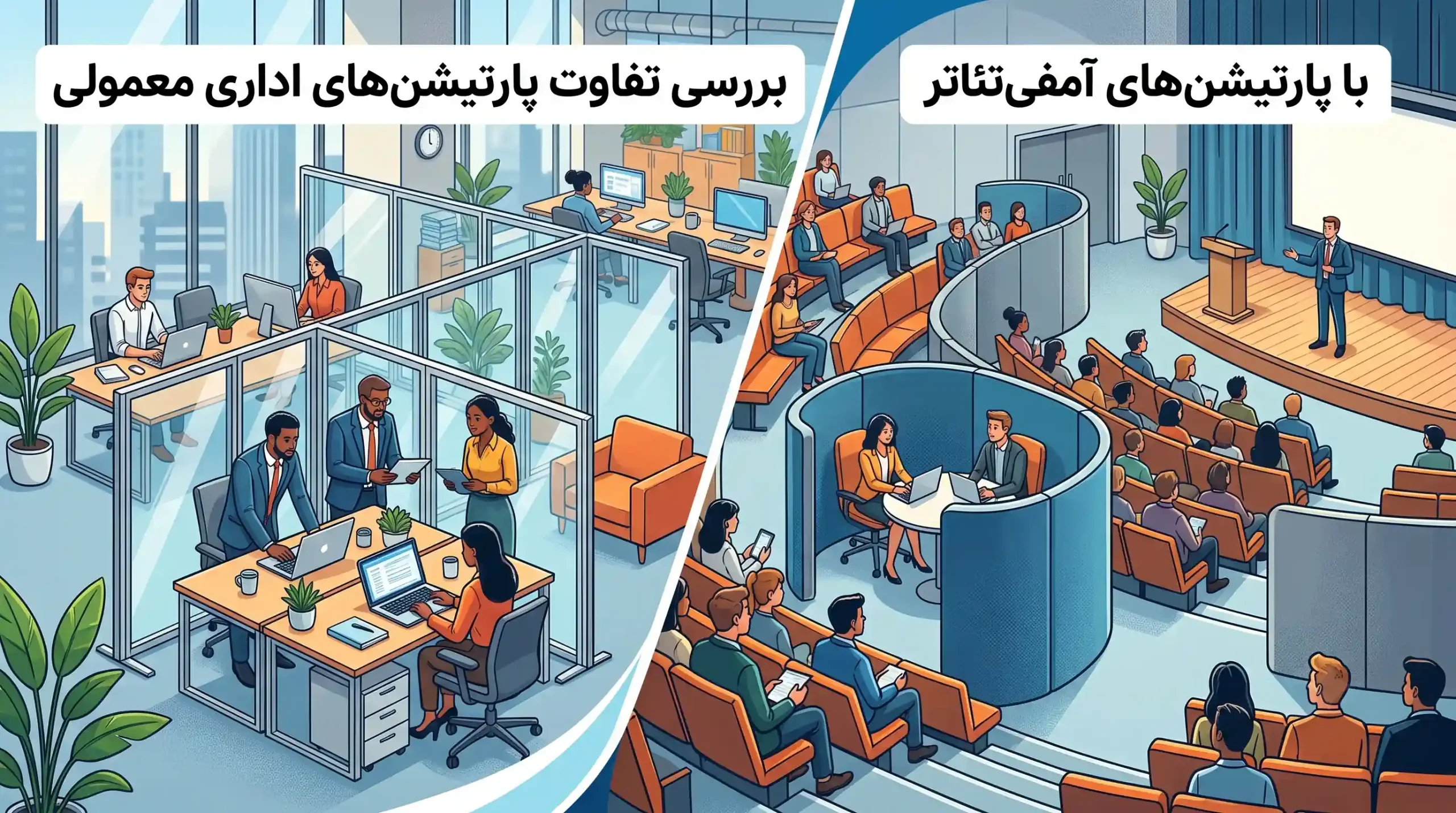 🏢 بررسی تفاوت پارتیشنهای اداری معمولی با پارتیشنهای آمفیتئاتر