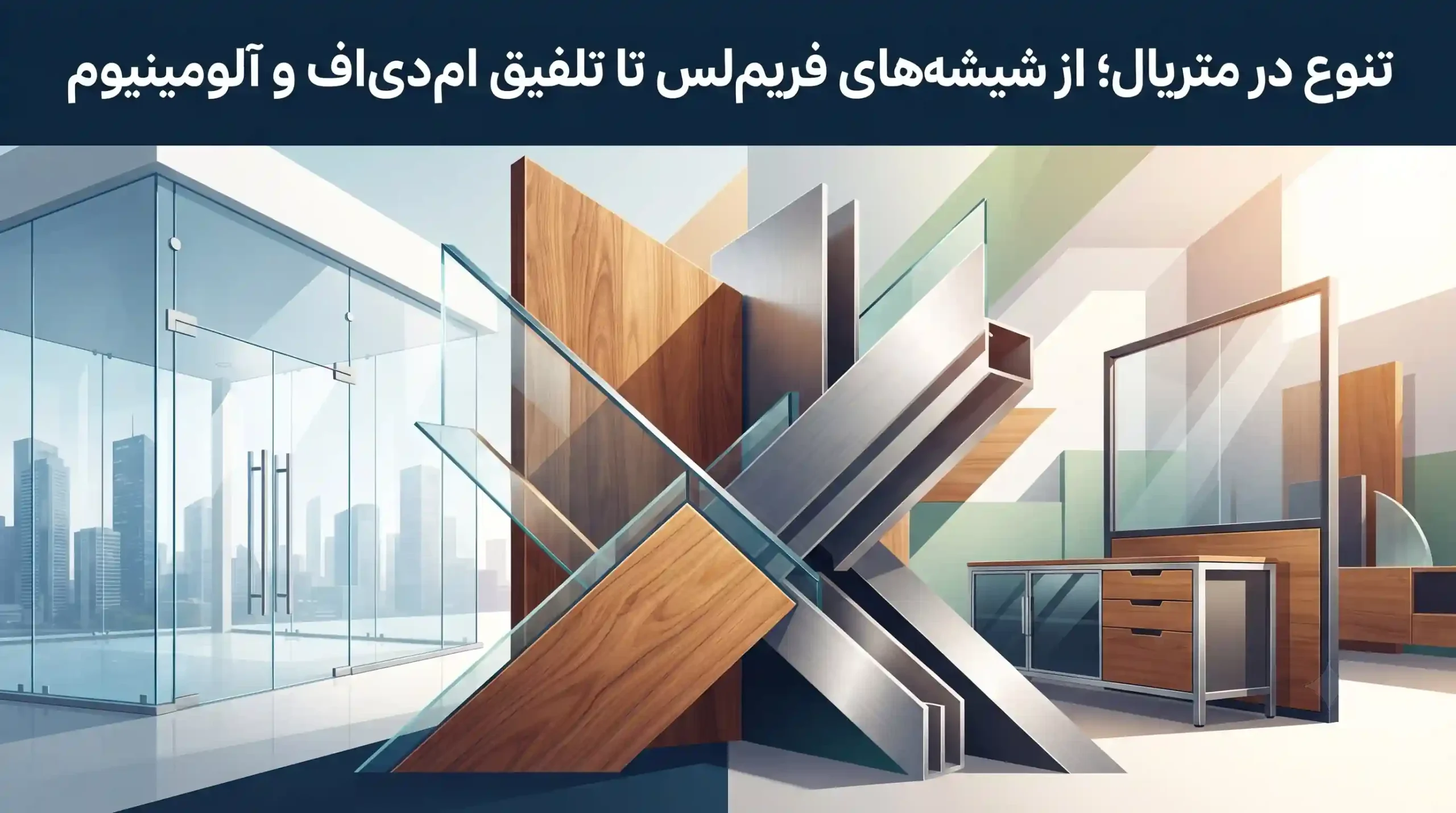 🎨 تنوع در متریال؛ از شیشه‌های فریم‌لس تا تلفیق ام‌دی‌اف و آلومینیوم