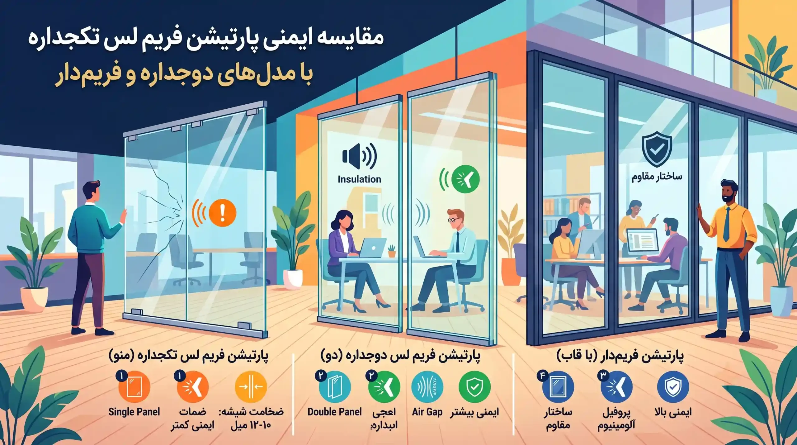 🏢 مقایسه ایمنی پارتیشن فریم لس تکجداره با مدل‌های دوجداره و فریم‌دار