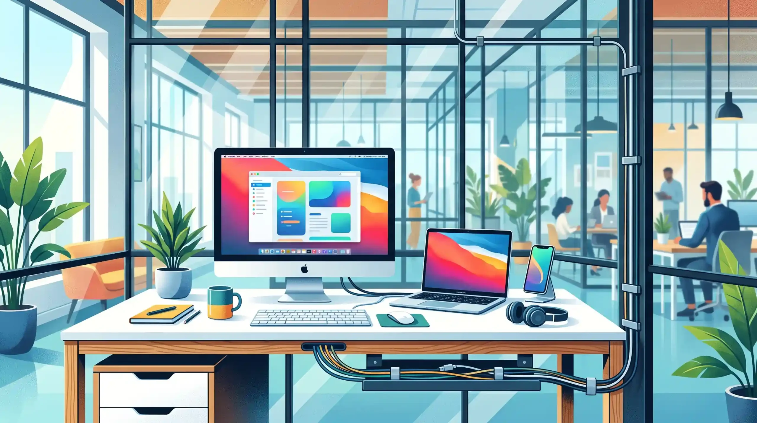 🔌 مدیریت کابل کشی و تجهیزات دیجیتال در میز و پارتیشن شیشه ای