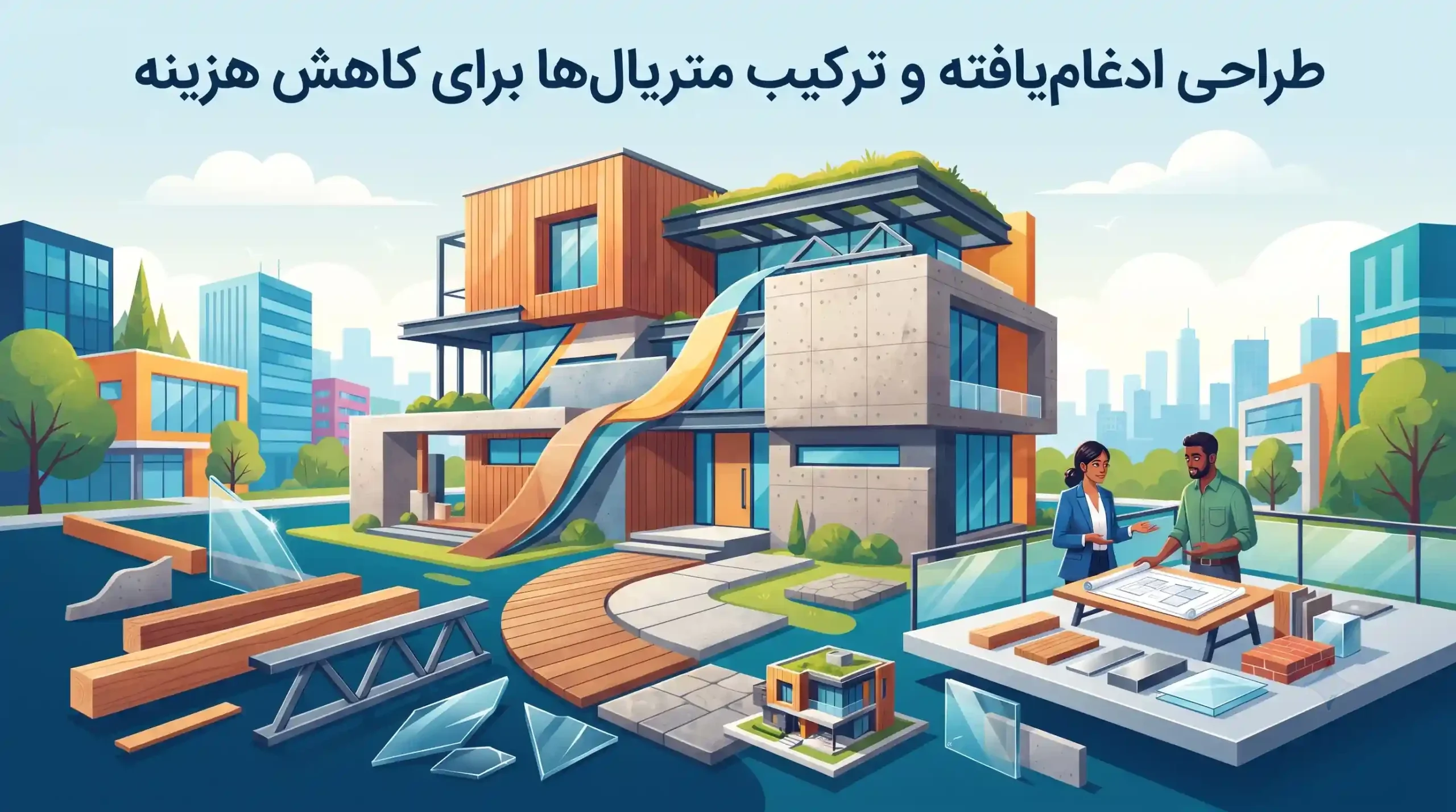 🏢 طراحی ادغام‌یافته و ترکیب متریال‌ها برای کاهش هزینه
