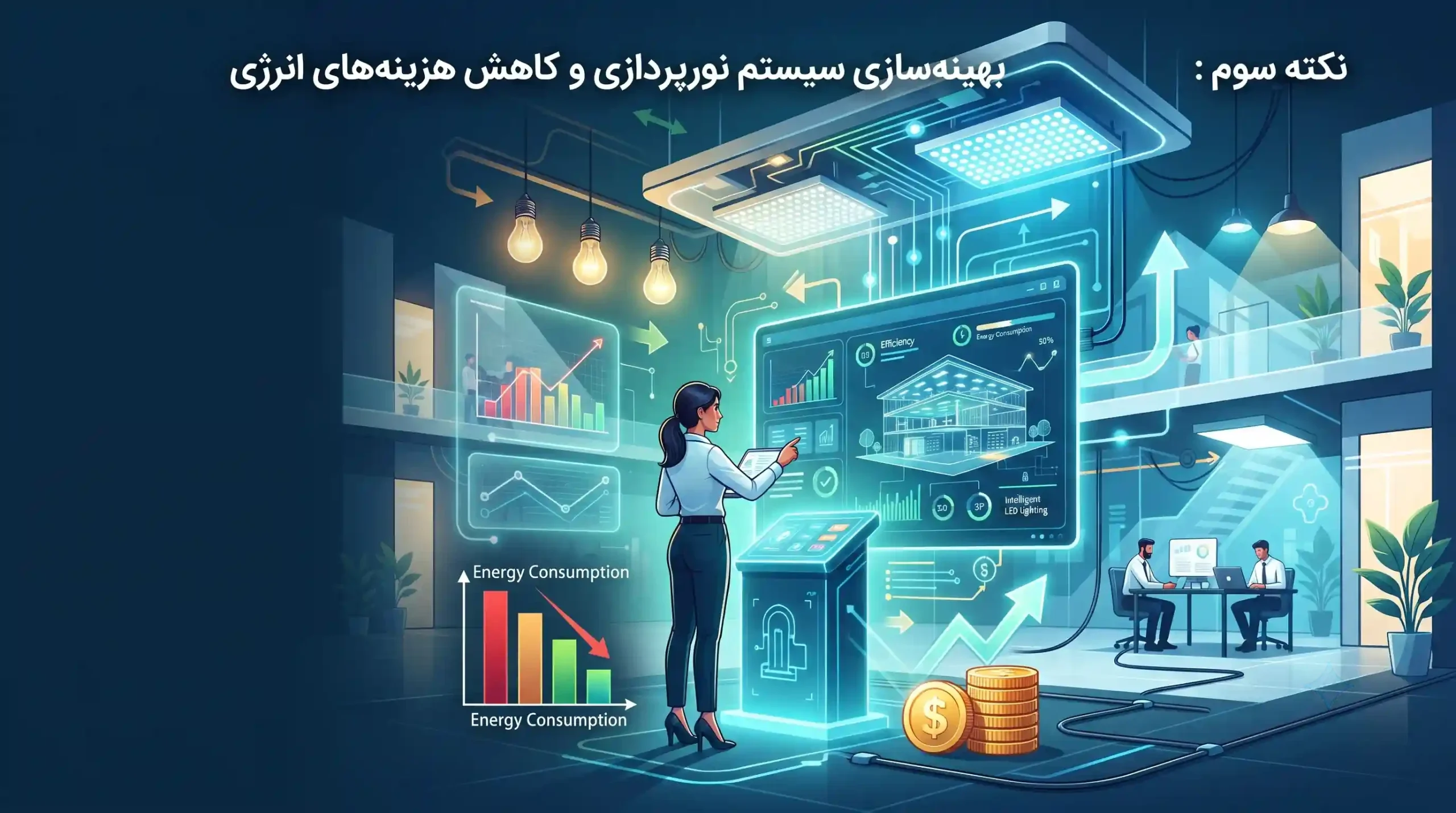 💡 نکته سوم بهینهسازی سیستم نورپردازی و کاهش هزینههای انرژی