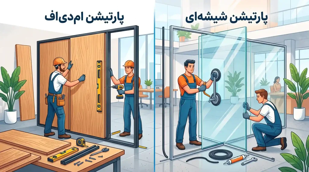 مقایسه کامل روش‌ها در مراحل اجرای پارتیشن ام دی اف و شیشه ای