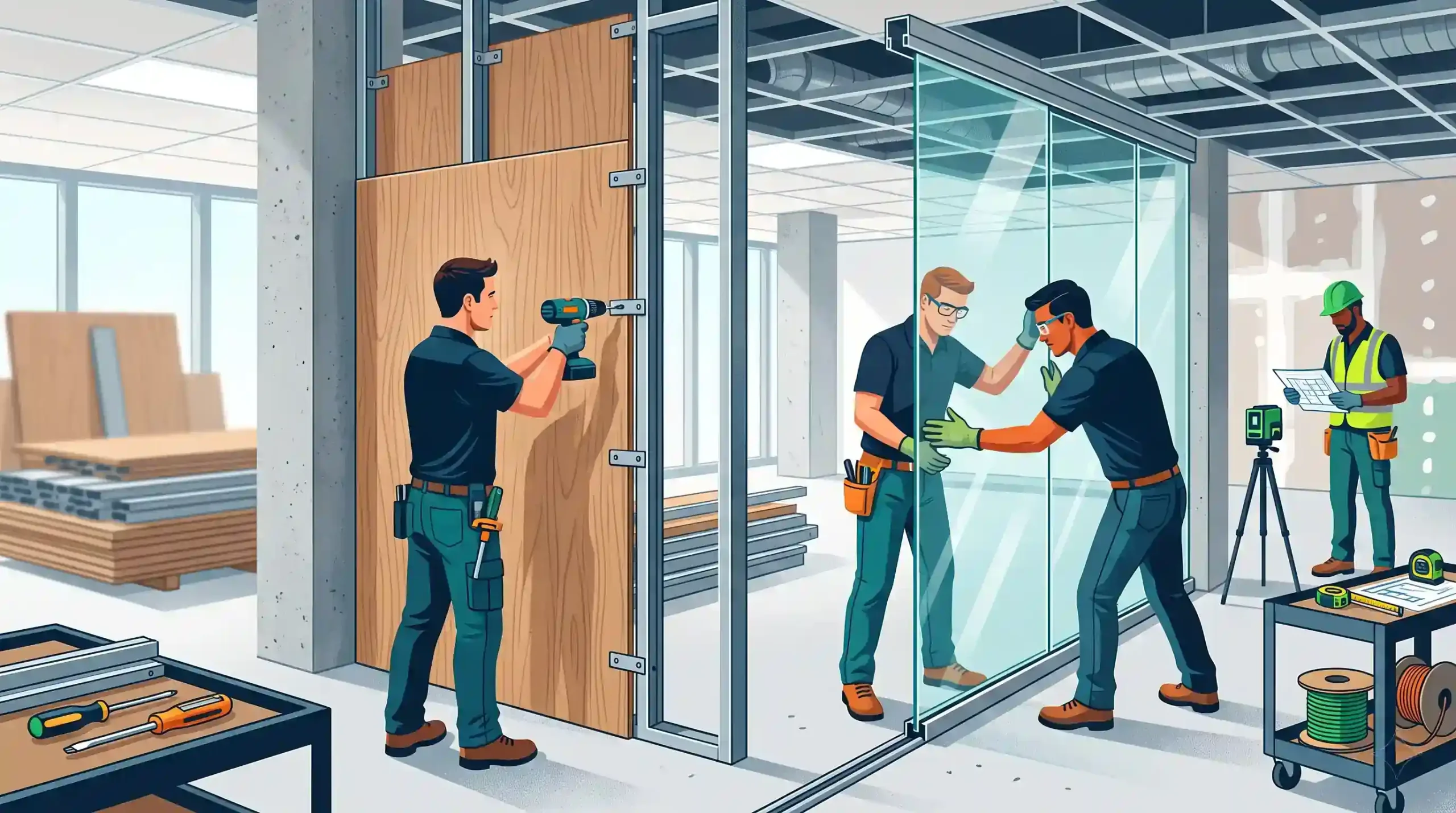 🏗️ جزئیات نصب و مراحل اجرای پارتیشن ام دی اف و شیشه ای در محل پروژه