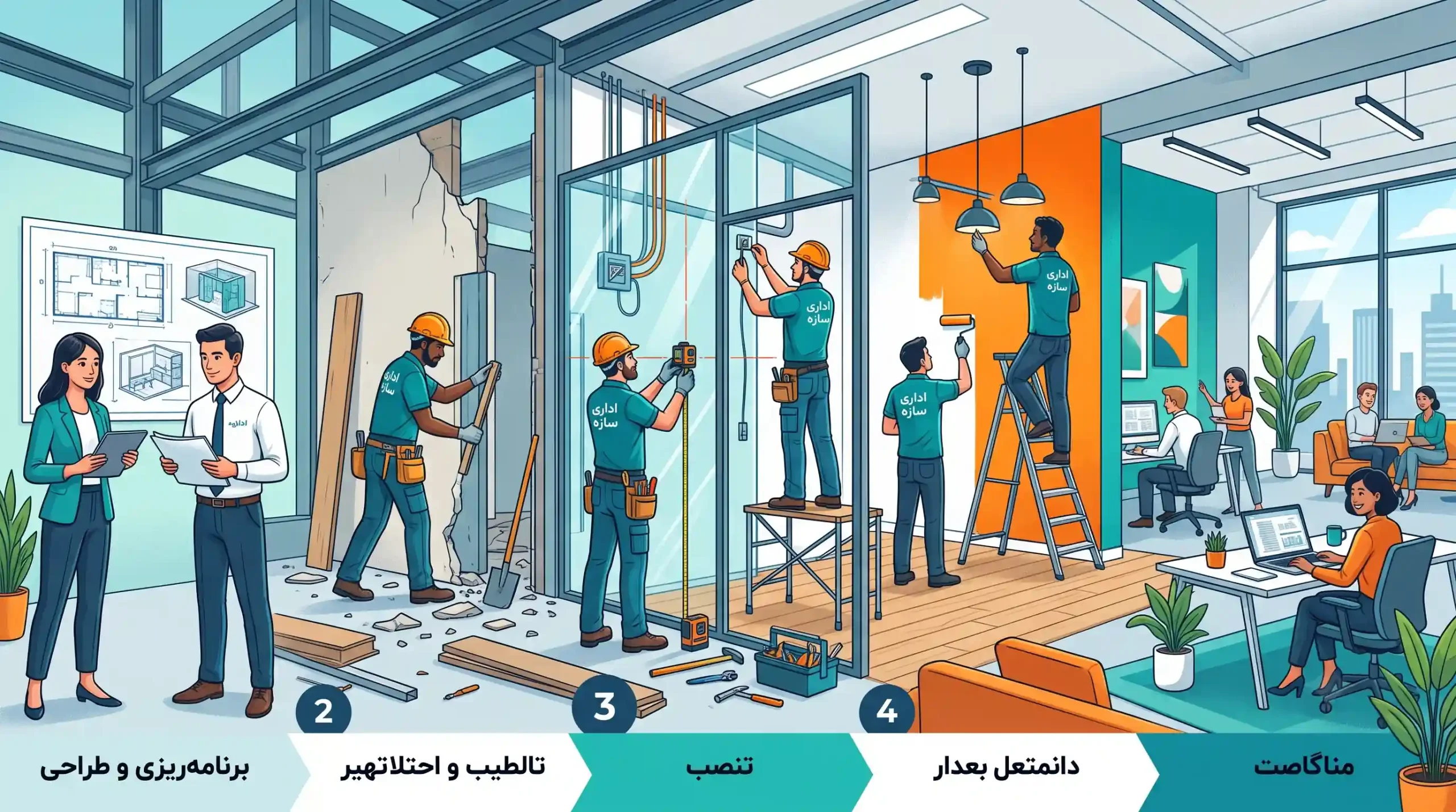 🏗️ مراحل گامبهگام پیادهسازی و نوسازی دکوراسیون اداری توسط تیم اداری سازه