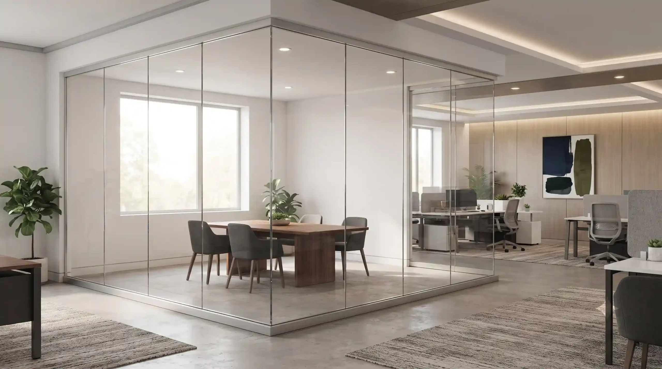 ⚙️ مزایای فنی و مهندسی پارتیشن اداری شیشه ای فریم لس